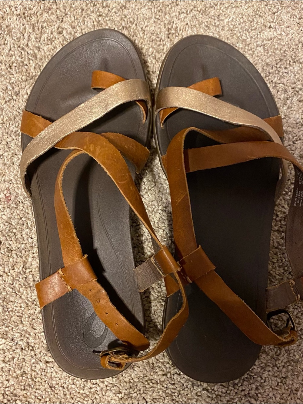 Olukai Brown Leather Strappy Sandals with Metallic Accent